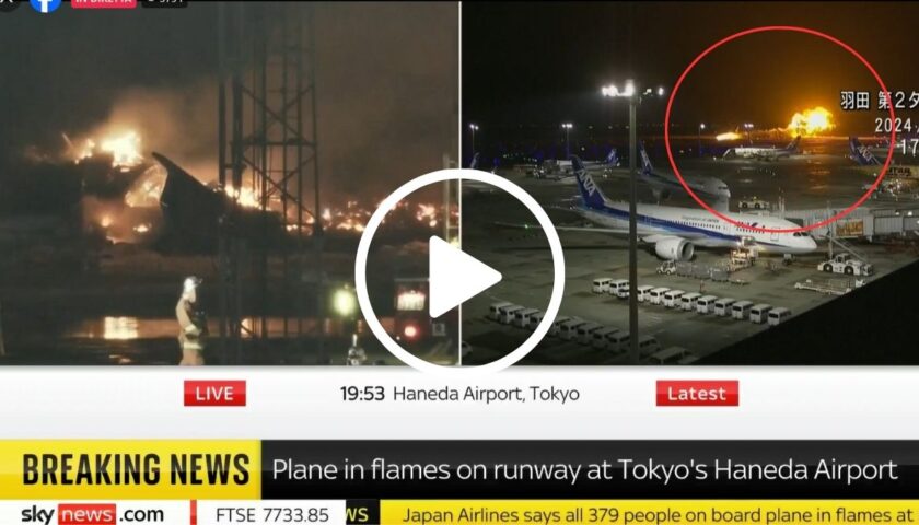 Paura a Tokyo, scontro fra aerei: volo di linea prende fuoco e atterra in fiamme – IL VIDEO